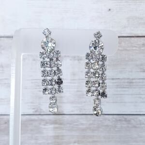 Vintage Screw On Earrings 3 Strand Clear Gem Long Dangle 2"